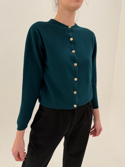 Cardigan Burberry dark green din lana extrafina cu nasturi aurii