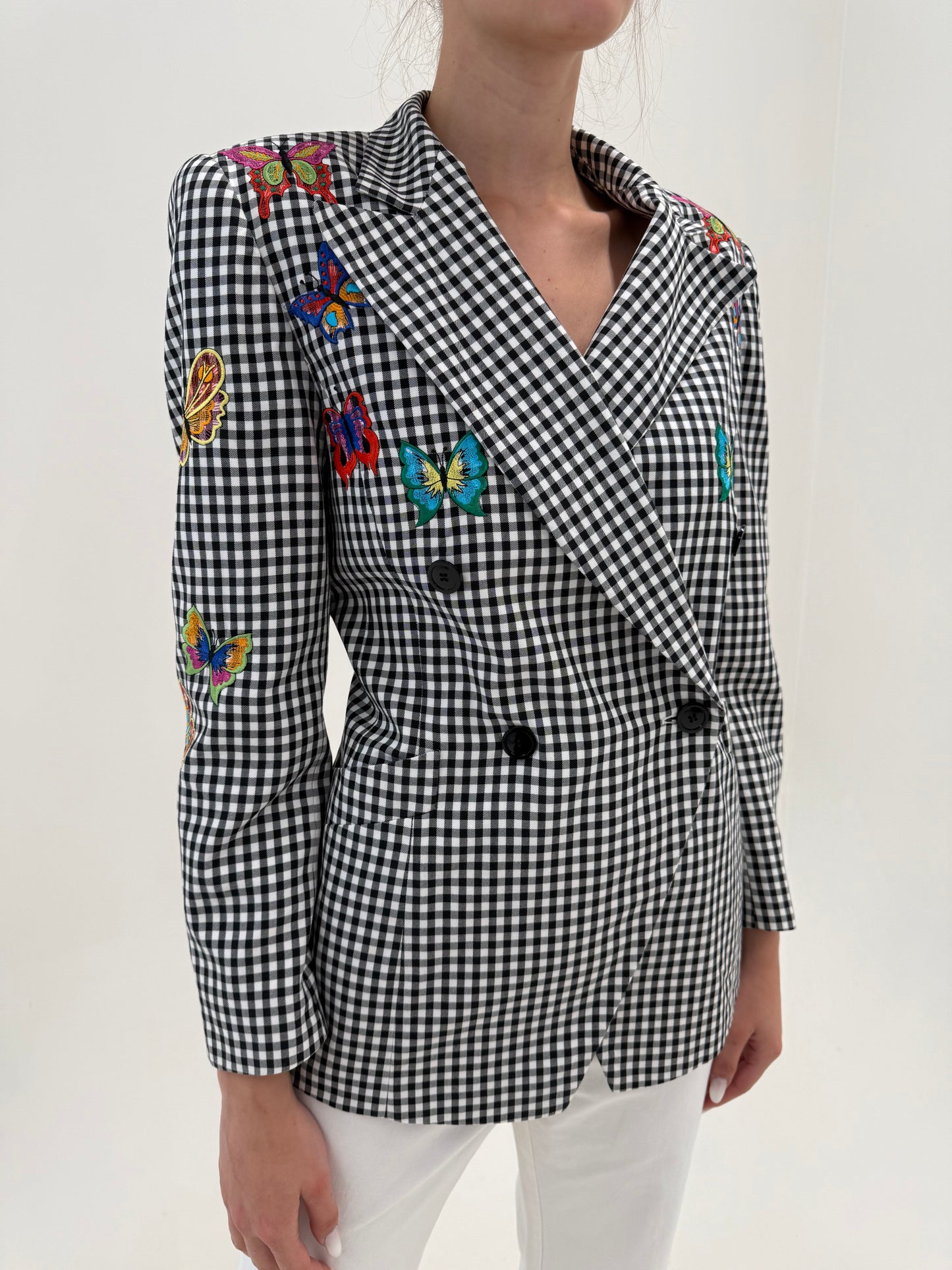 Sacou Escada vintage de vară în carouri alb negru cu închidere dublă și broderie