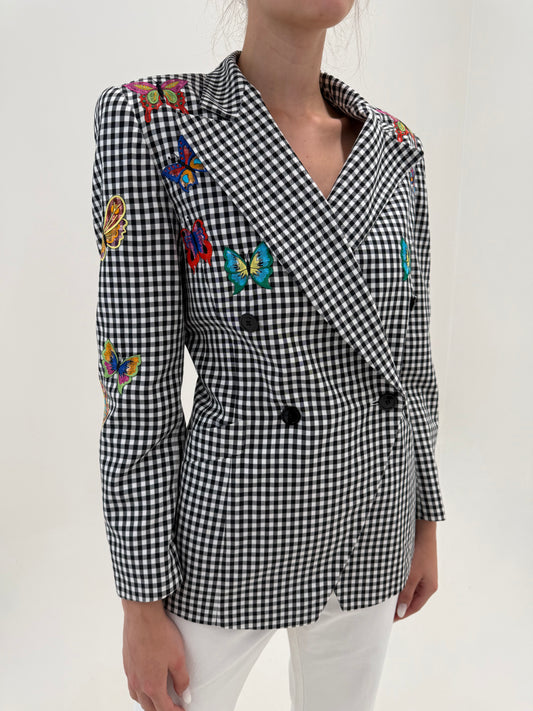 Sacou Escada vintage de vară în carouri alb negru cu închidere dublă și broderie