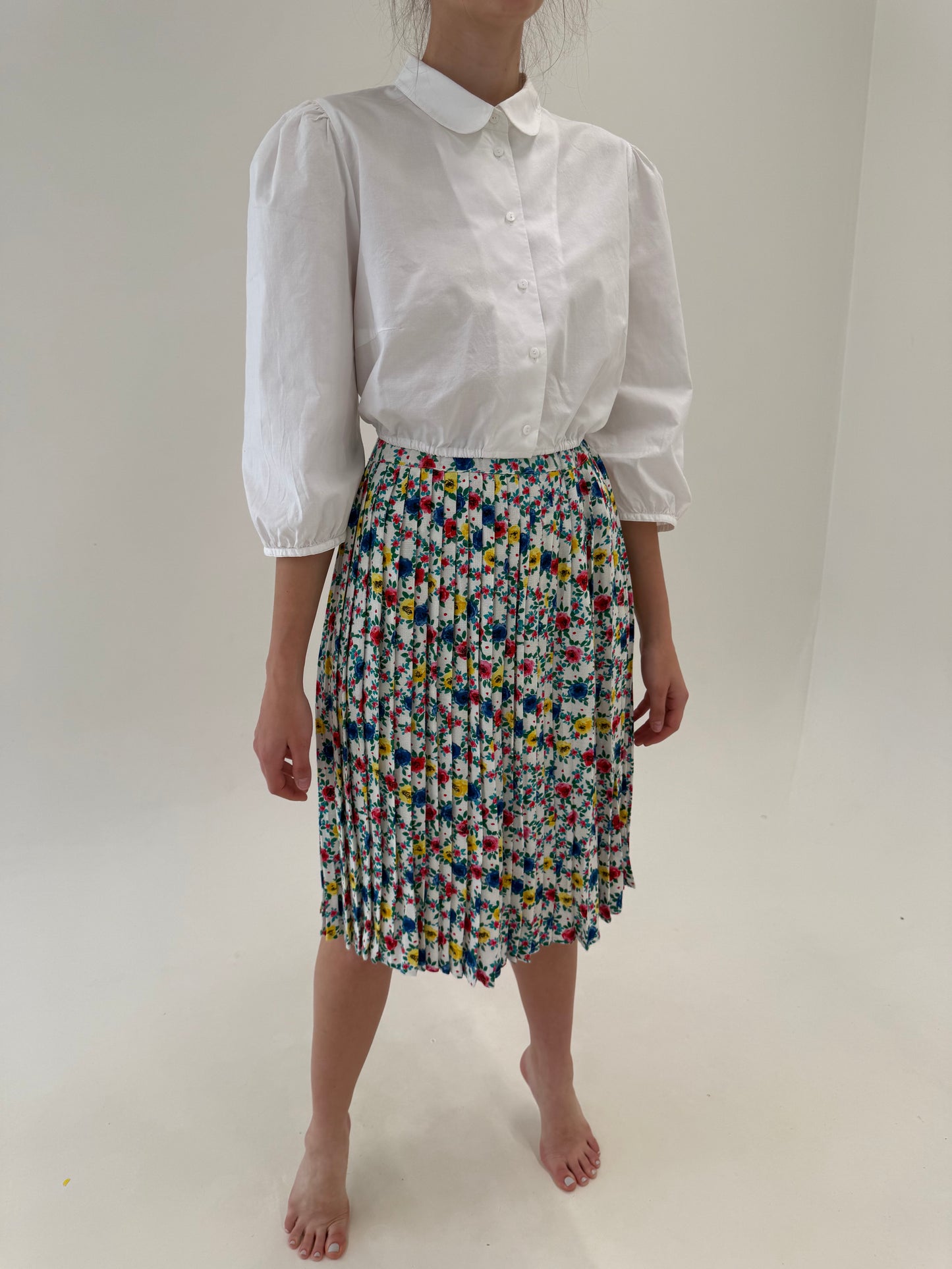 Fustă vintage plisată cu print floral superb și talie ultra înaltă elastică