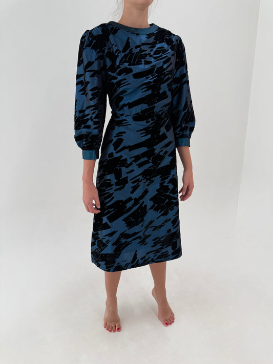 Rochie vintage din Devore midnight blue midi lung de la zi la cocktail