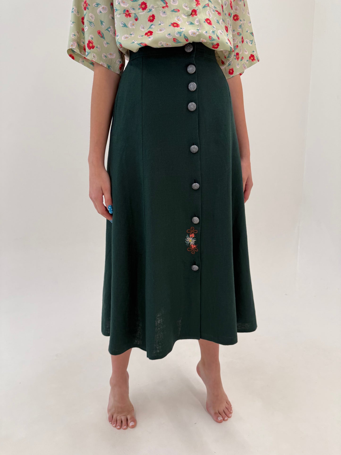 Fustă maxi dark green din in excepțional cu broderie și buzunare