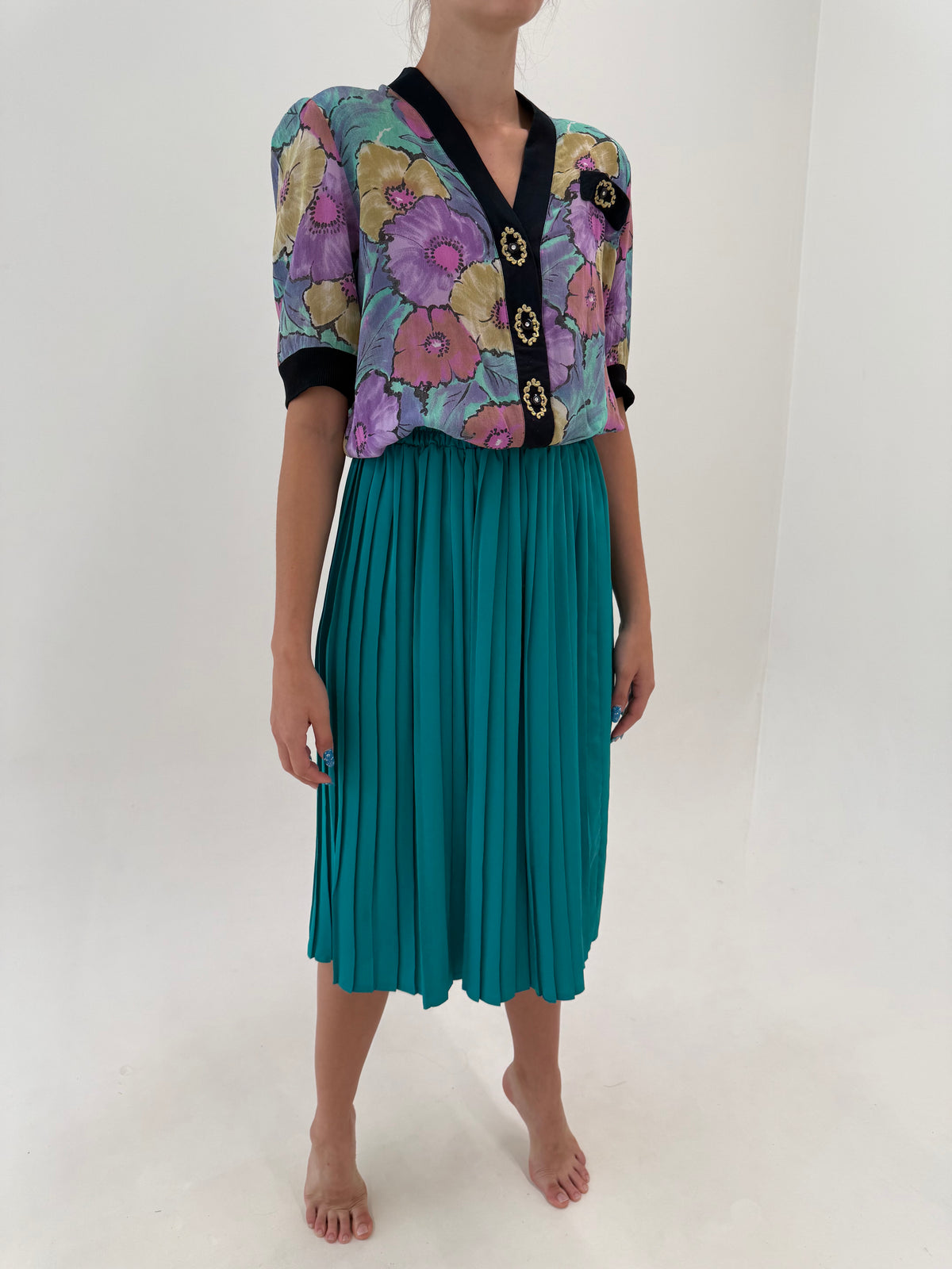 Fustă vintage plisată aqua blue cu talie ultra înaltă elastică midi