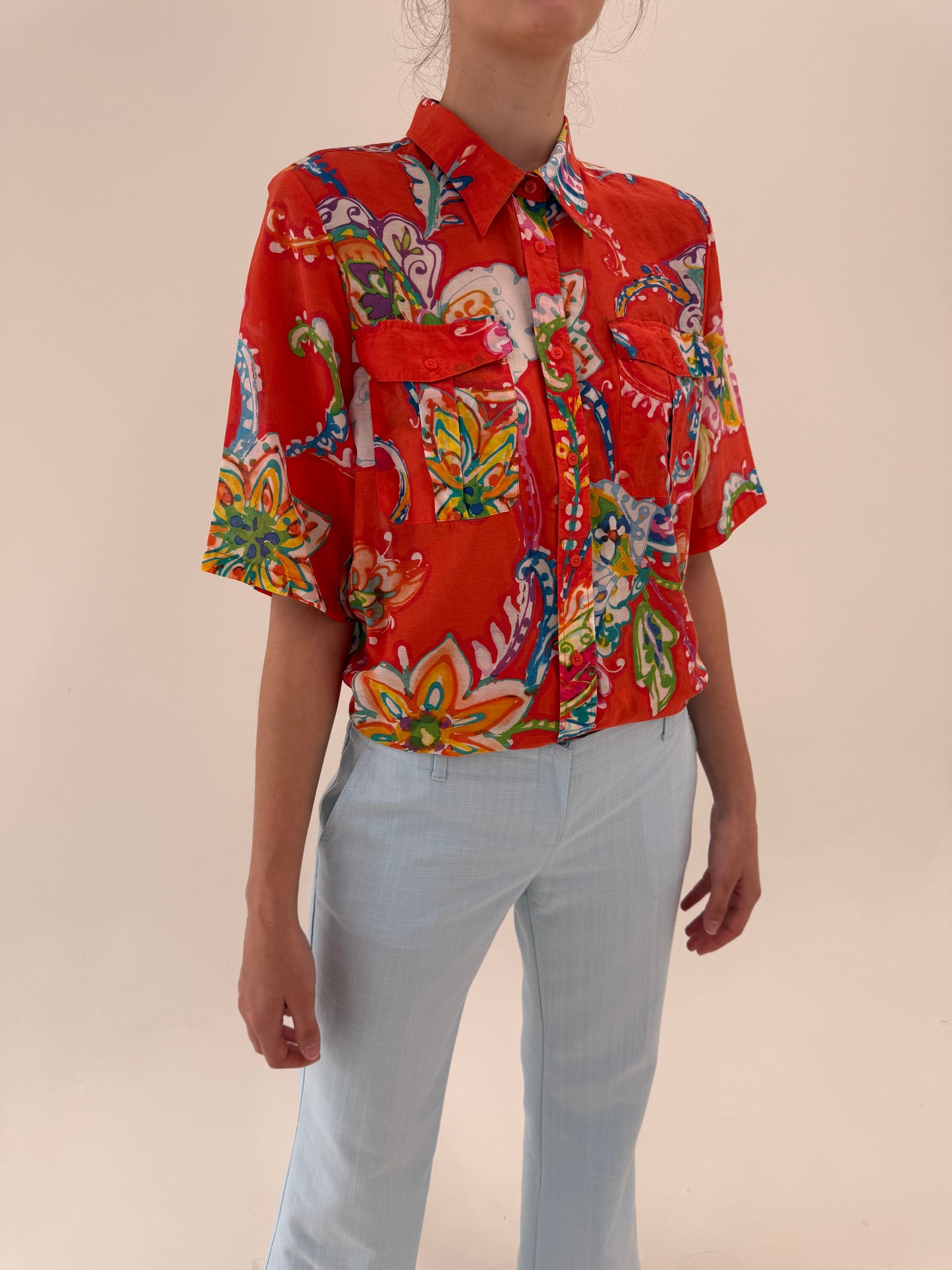 Cămașa Ralph Lauren colorată din panzica de mătase naturală și bumbac