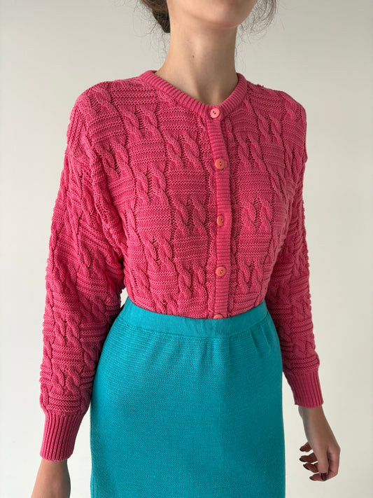 Cardigan vintage italian Barbie pink din bumbac gros de gramaj mare