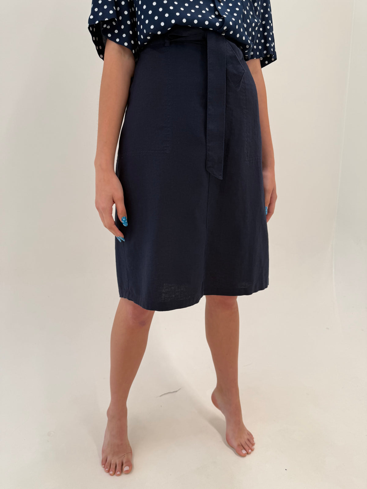 Fustă Navy din in premium în croi minimalist reglabilă cu cordon