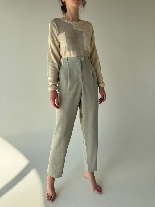 Pantaloni tall cu pense și talie ultra înaltă Sage green din mix de lana extrafina