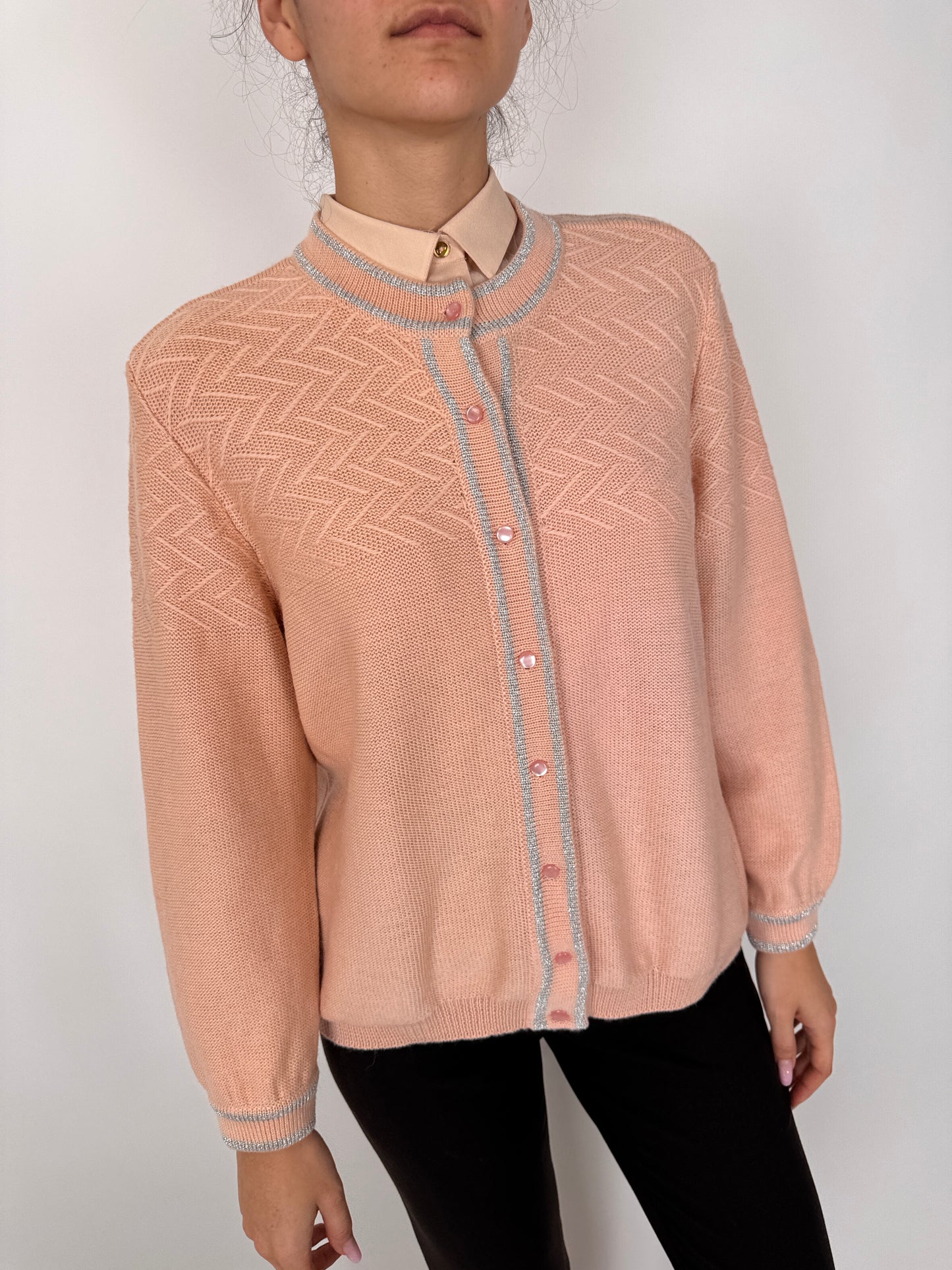 Cardigan gros excepțional peach din tricot texturat de lana pura extrafina