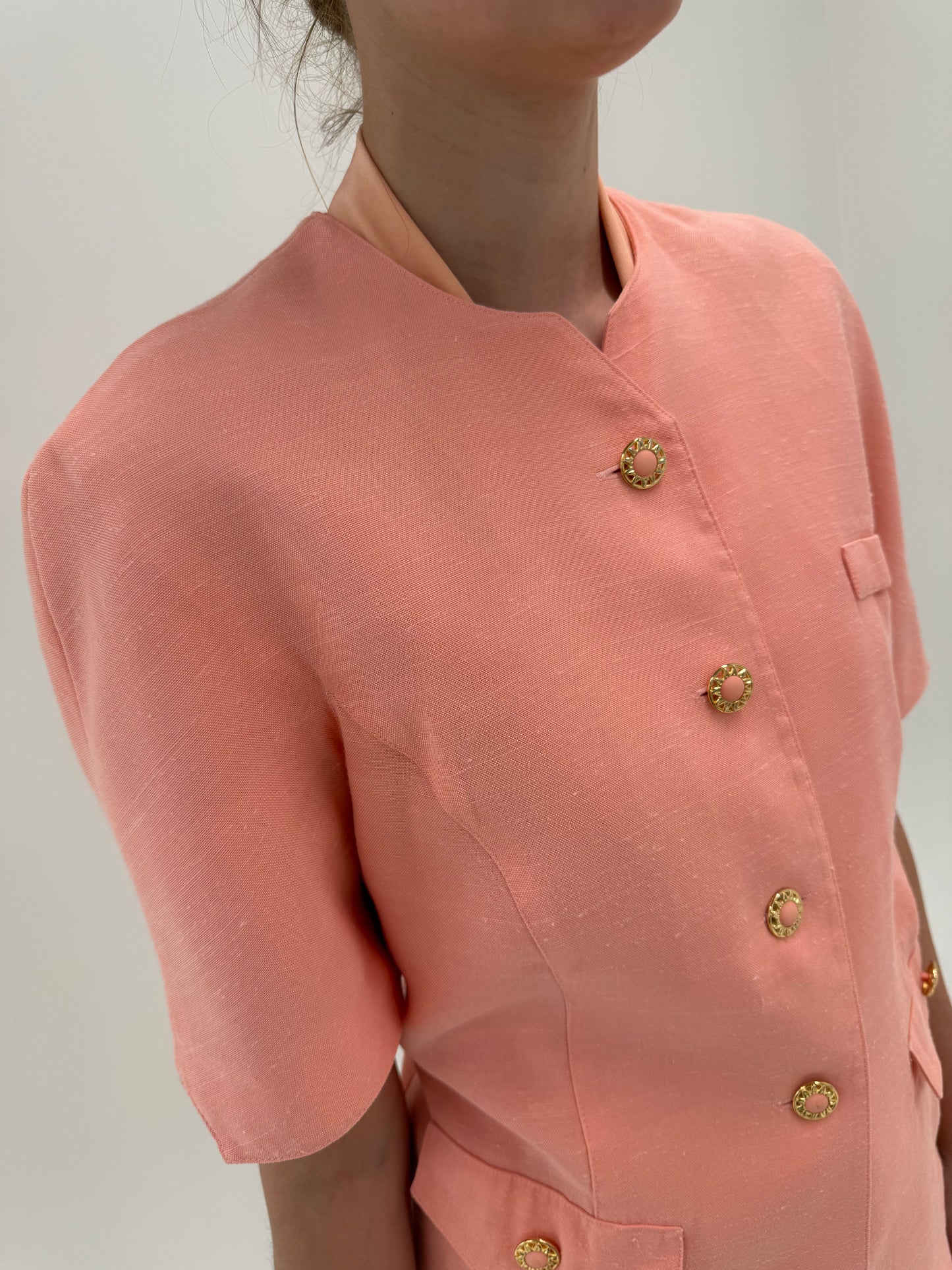 Sacou vintage salmon Pink din pânză de in cu nasturi bijuterie
