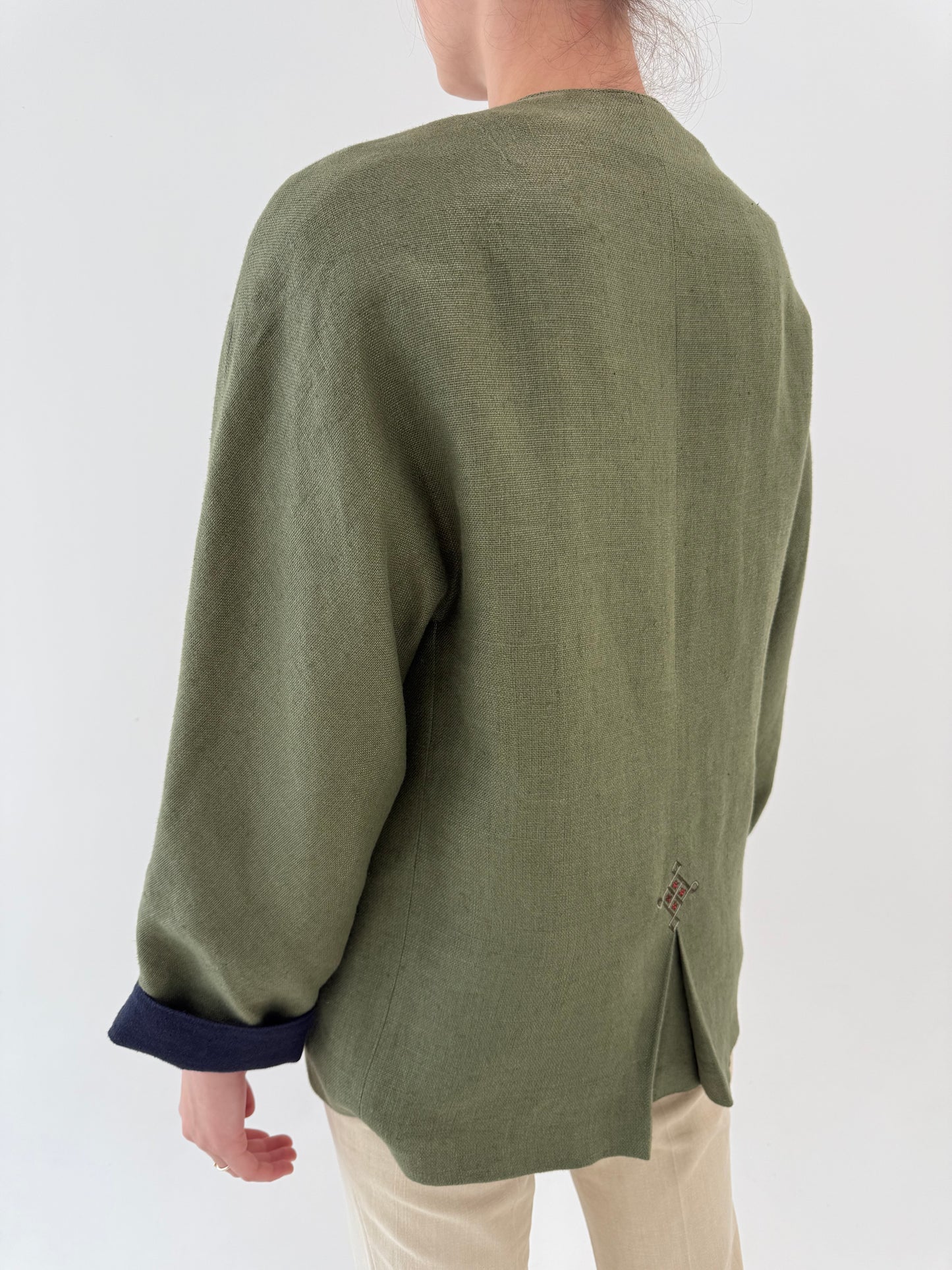 Jacheta vintage din pânză grea de in colorblock