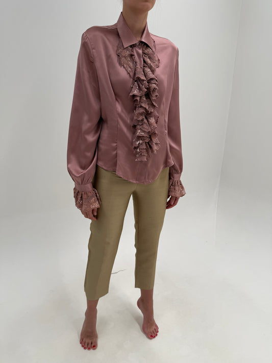 Pantaloni Valentino petite dusty gold din stofă de mătase naturală