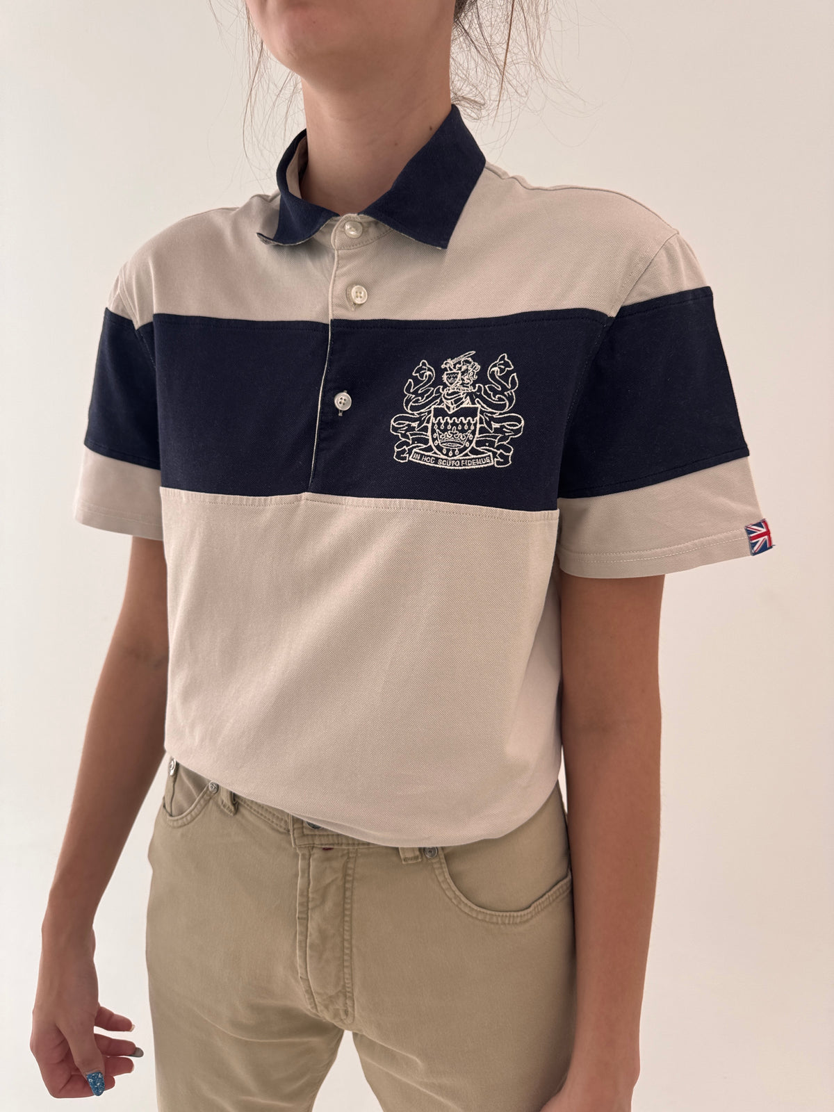 Top polo de brand luxury Aquascutum colorblock off white cu Navy