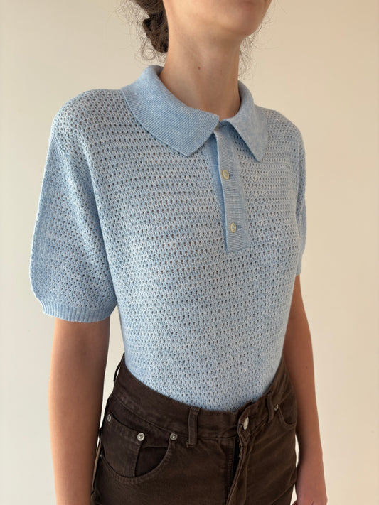 Top polo baby blue din mix de lana extrafina