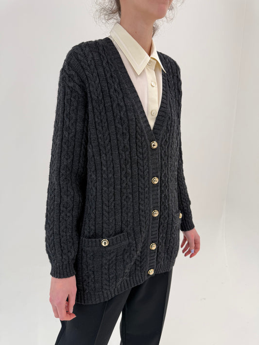 Cardigan vintage gros cu torsade din lana certificată și nasturi aurii metalici