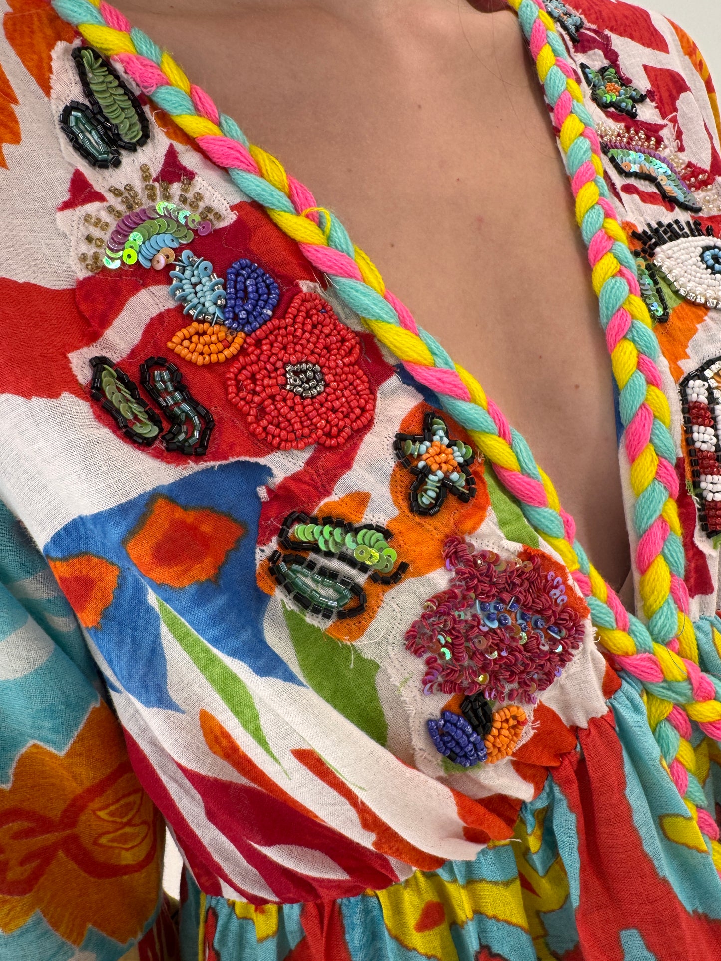 Rochie italiană boho din panzica de bumbac cu aplicații manuale Antica Sartoria