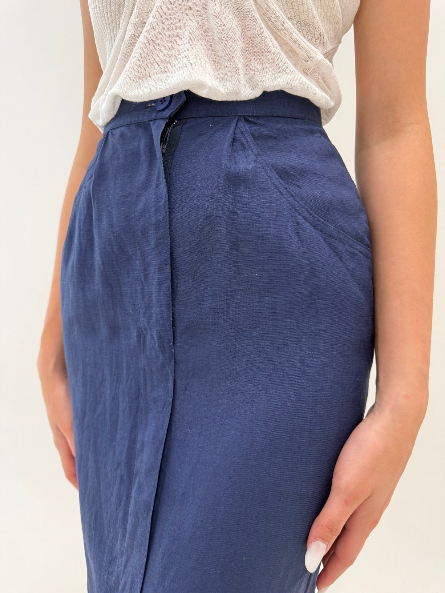 Fustă creion midi spre maxi Navy din pânză excepțională de in cu buzunare