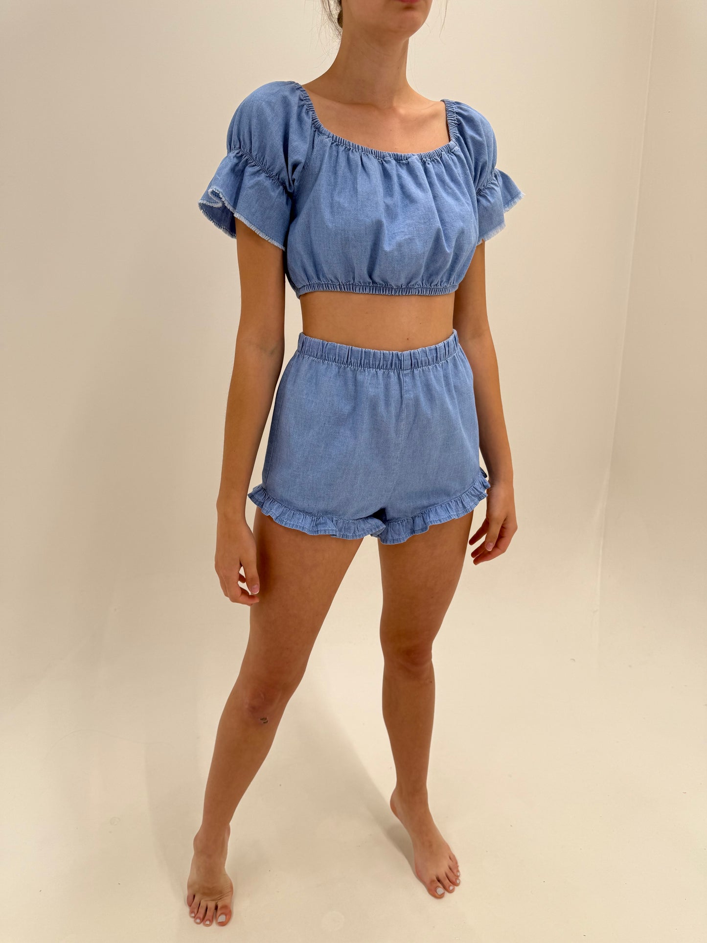 Set baby blue din pânză de bumbac cu pantaloni cu talie înaltă extrem de înaltă