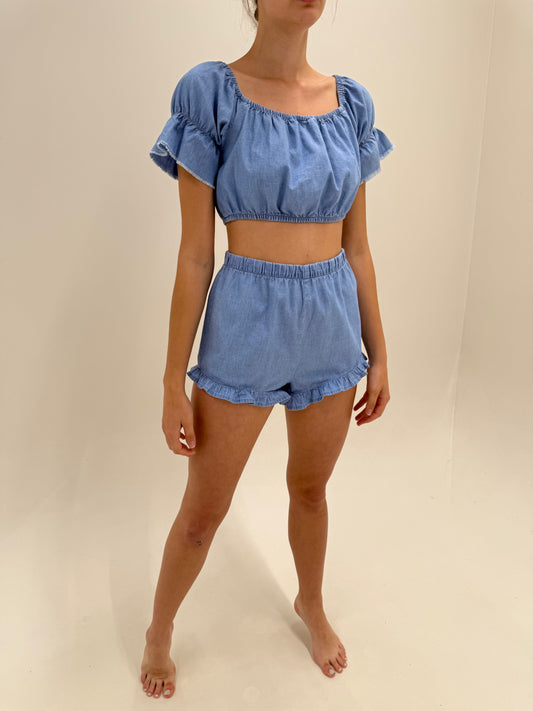 Set baby blue din pânză de bumbac cu pantaloni cu talie înaltă extrem de înaltă