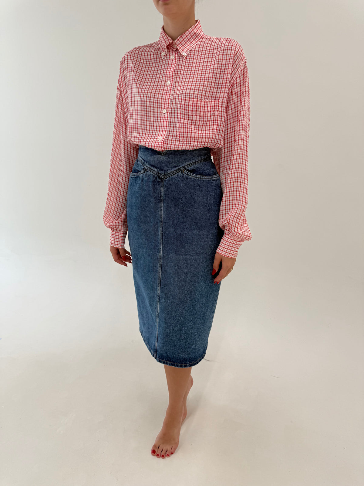 Fustă vintage din jeans cu talie ultra marcată extrem de înaltă midi lung