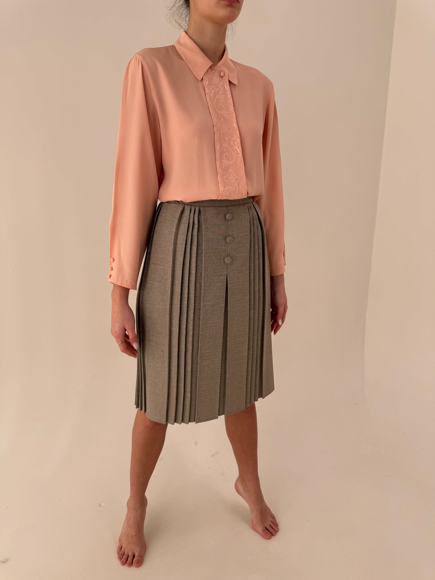 Fustă plisată light taupe cu talie uktra înaltă elastică