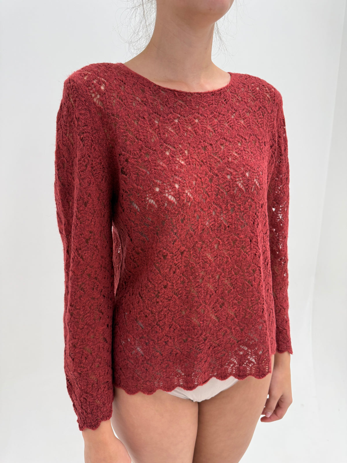 Pulover terracota red din lana extrafina dantelata