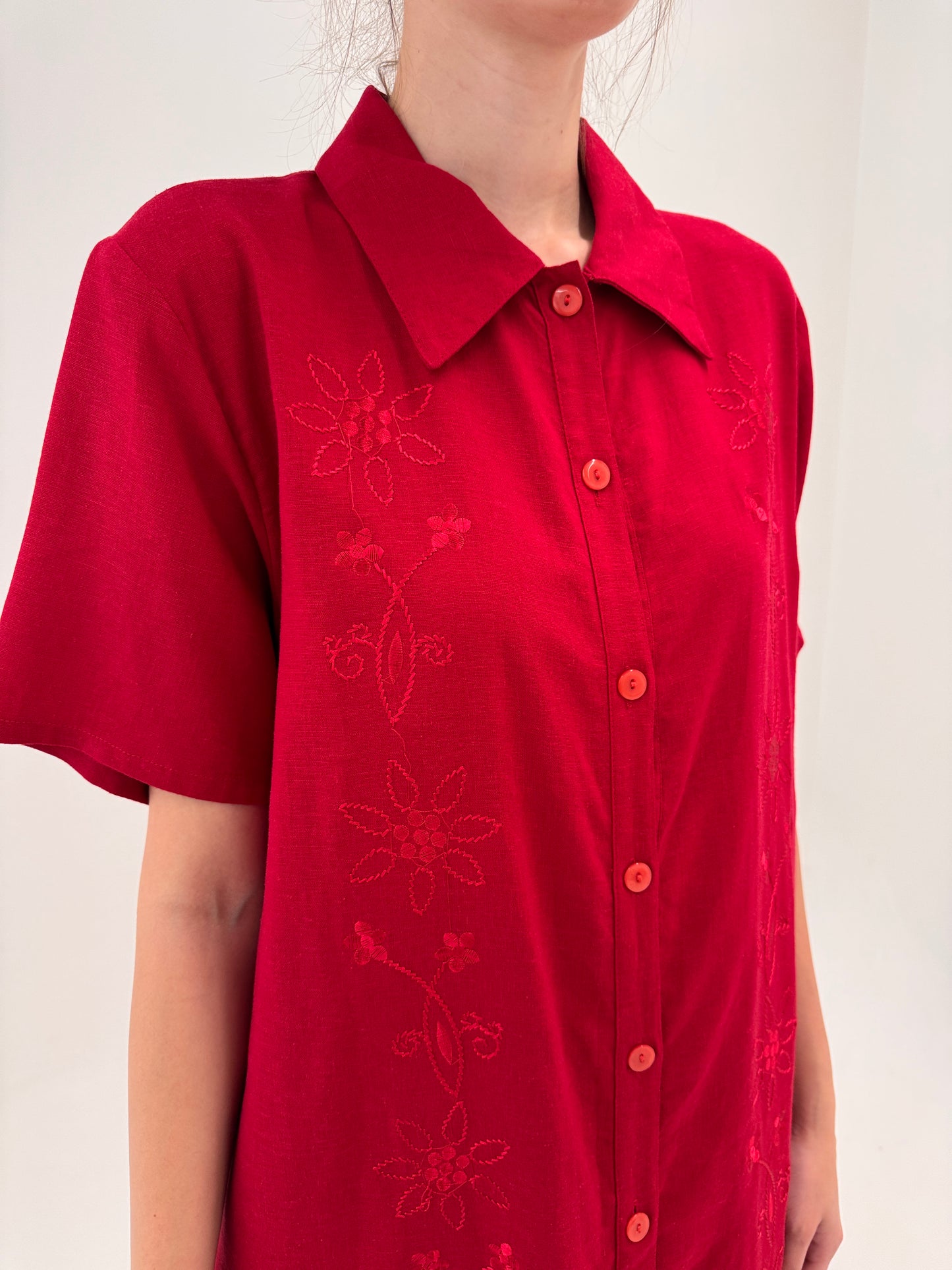Robe chemise maxi dark cherry cu broderie din pânză premium de in și bumbac