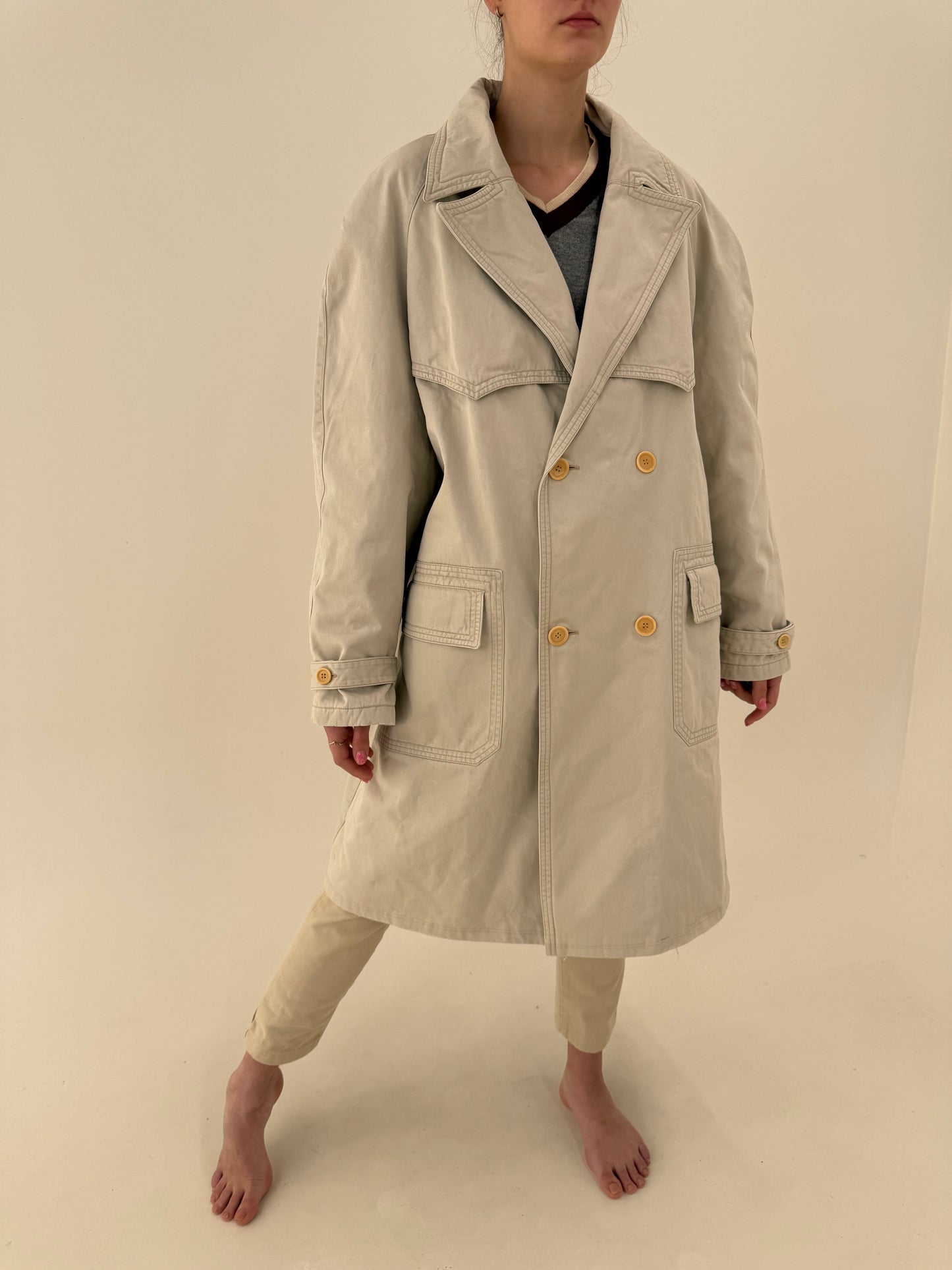 Trench Moschino vintage din jeans off white cu închidere dublă