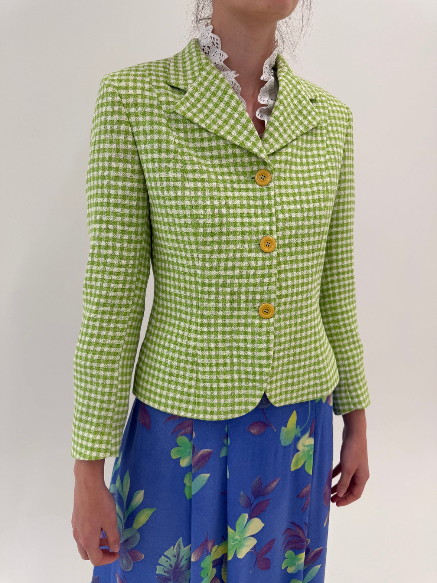 Sacou cambrat gingham verde crud din stofita de vară