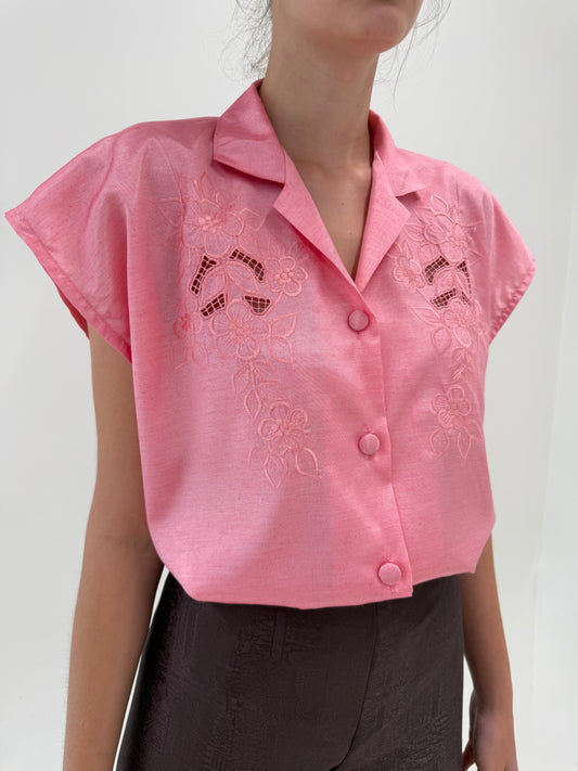 Cămașa din mătase matuala Barbie pink cu broderie manuală în croi lejer