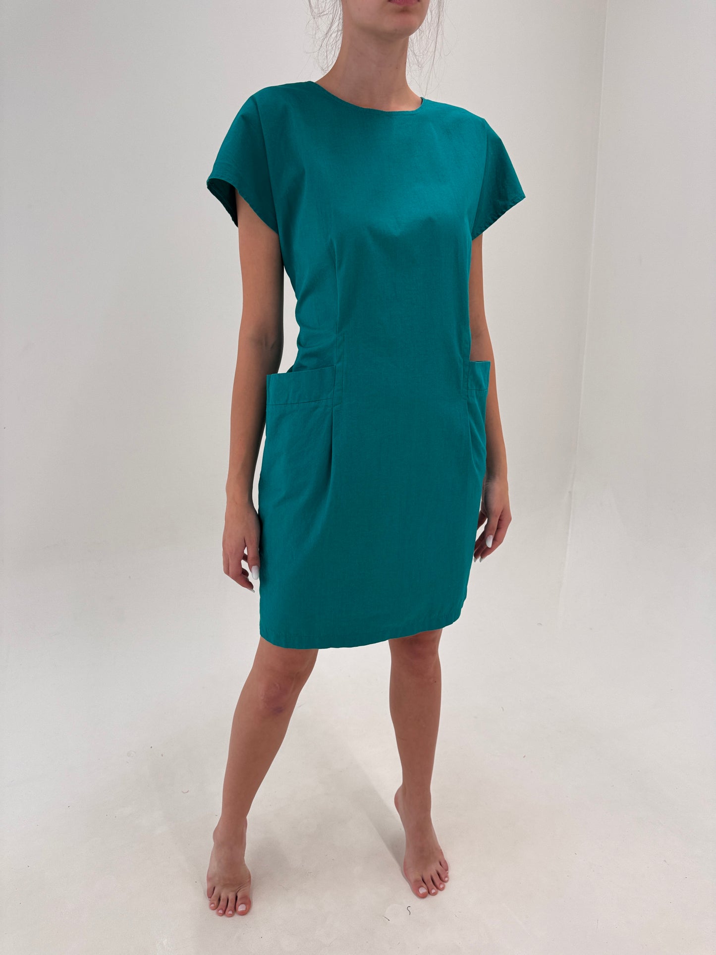 Rochie italiana în croi retro modern cu buzunare teal green din poplin premium