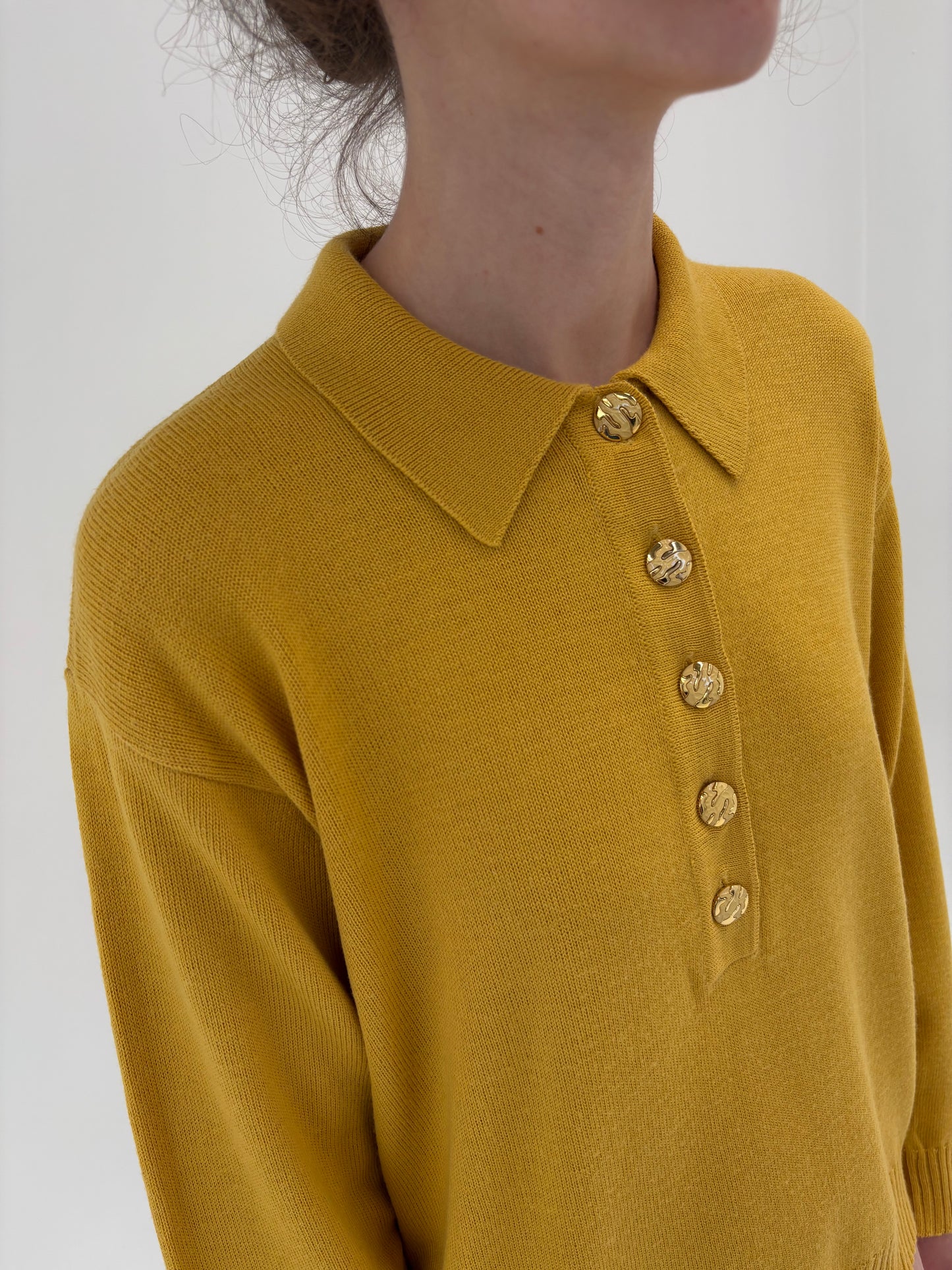 Pulover polo vintage mustard yellow din lana extrafina de gramaj mare