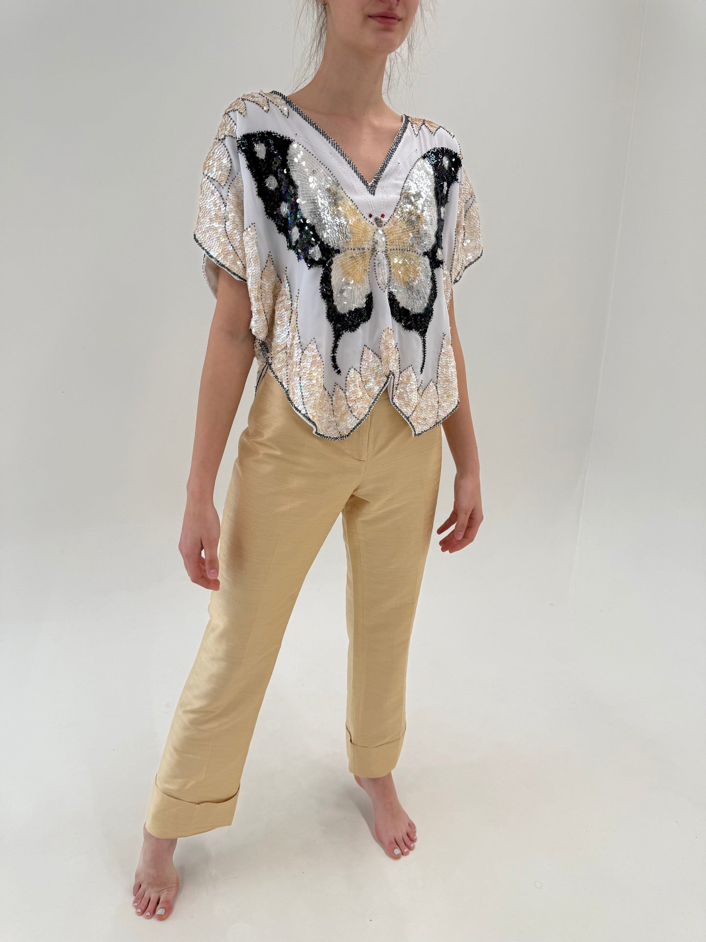 Pantaloni Dolce& Gabbana din mătase naturală dupioni light gold