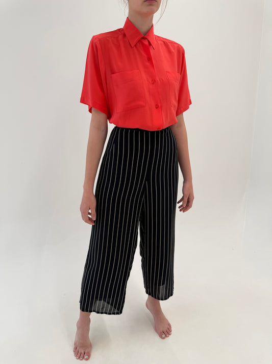 Pantaloni palazzo Navy cu dungi fine verticale și talie ultra înaltă