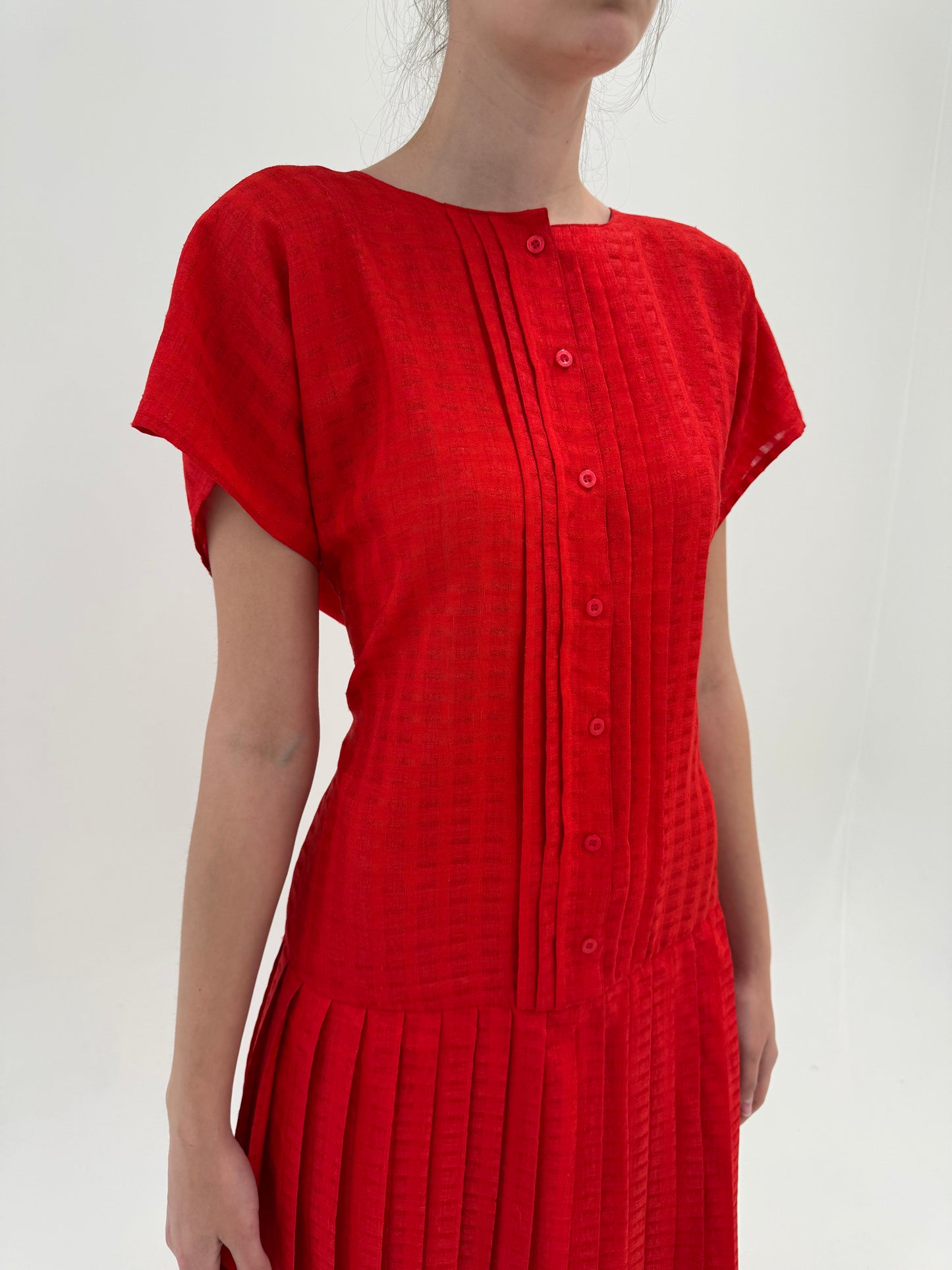Rochie vintage maxi cherry red din pânză excepțională cu textură geometrică