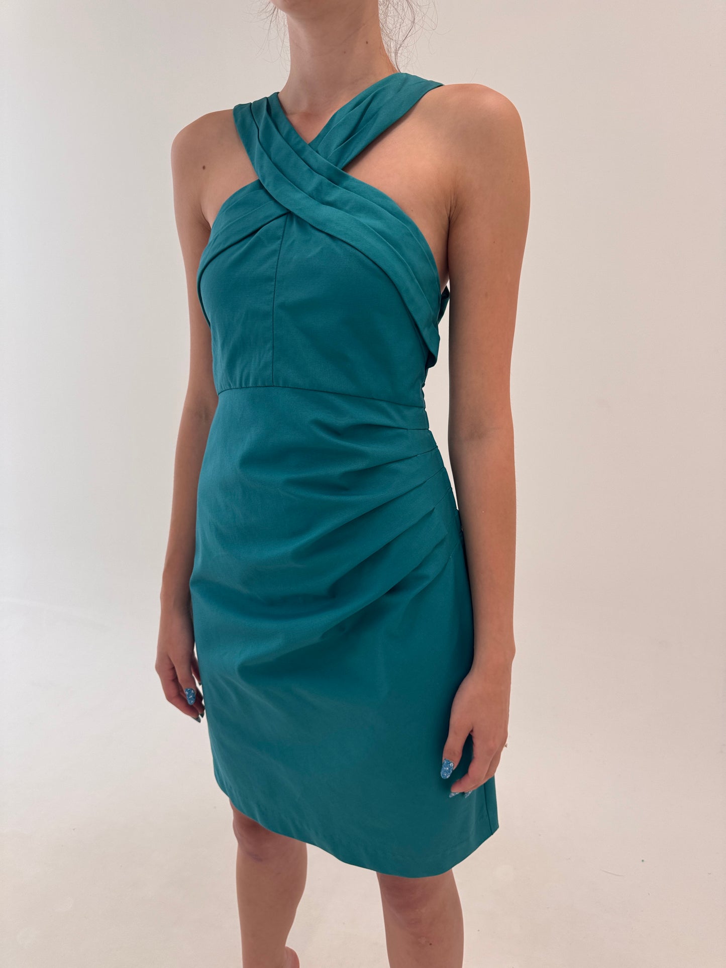 Rochie aqua green din faille de bumbac cu talie fronsata și corsaj