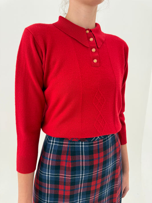 Pulover vintage polo petite din lana extafina roșu tare