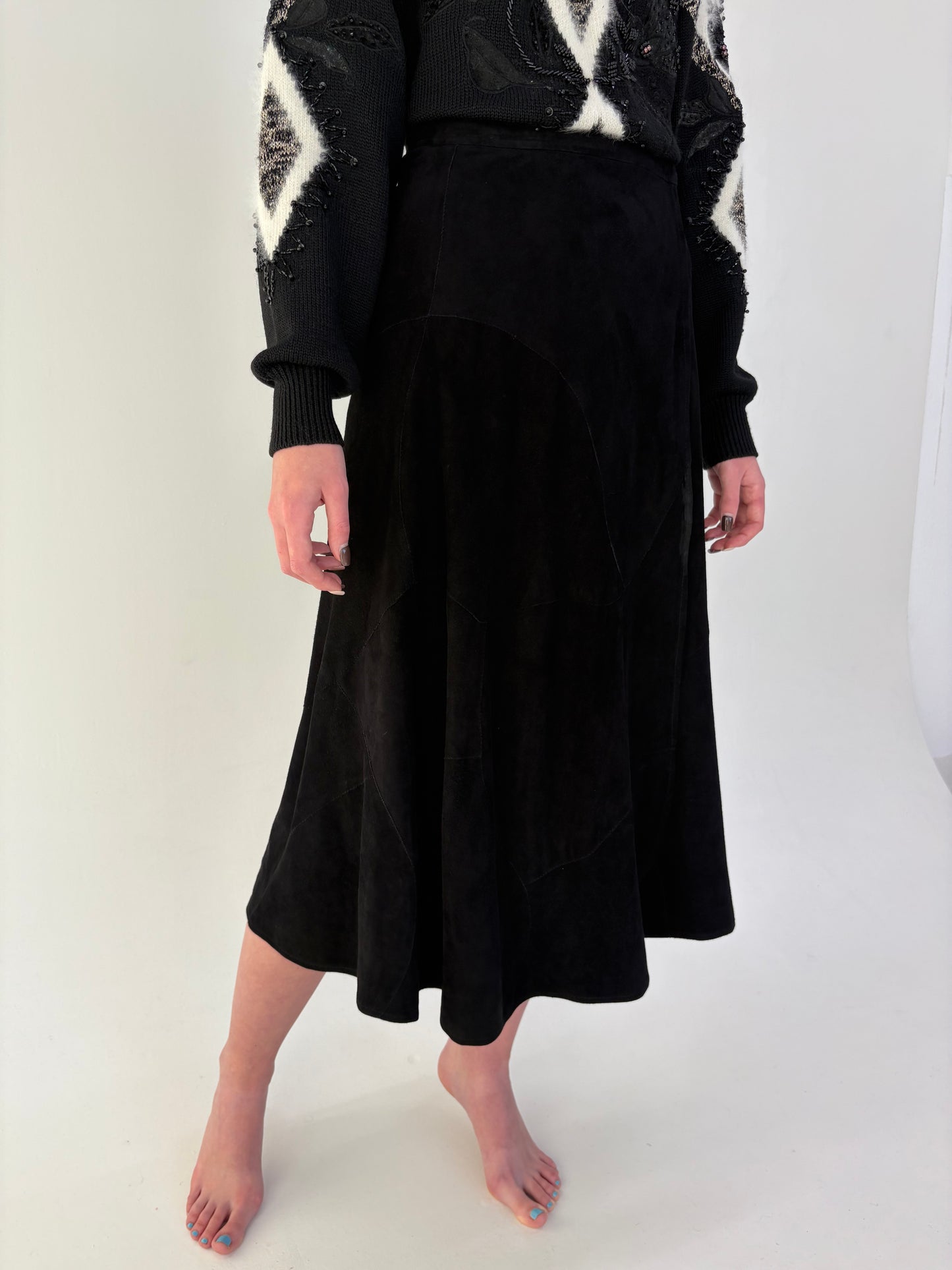 Fustă amplă neagra din piele naturală întoarsă mănușă de la zi la seară