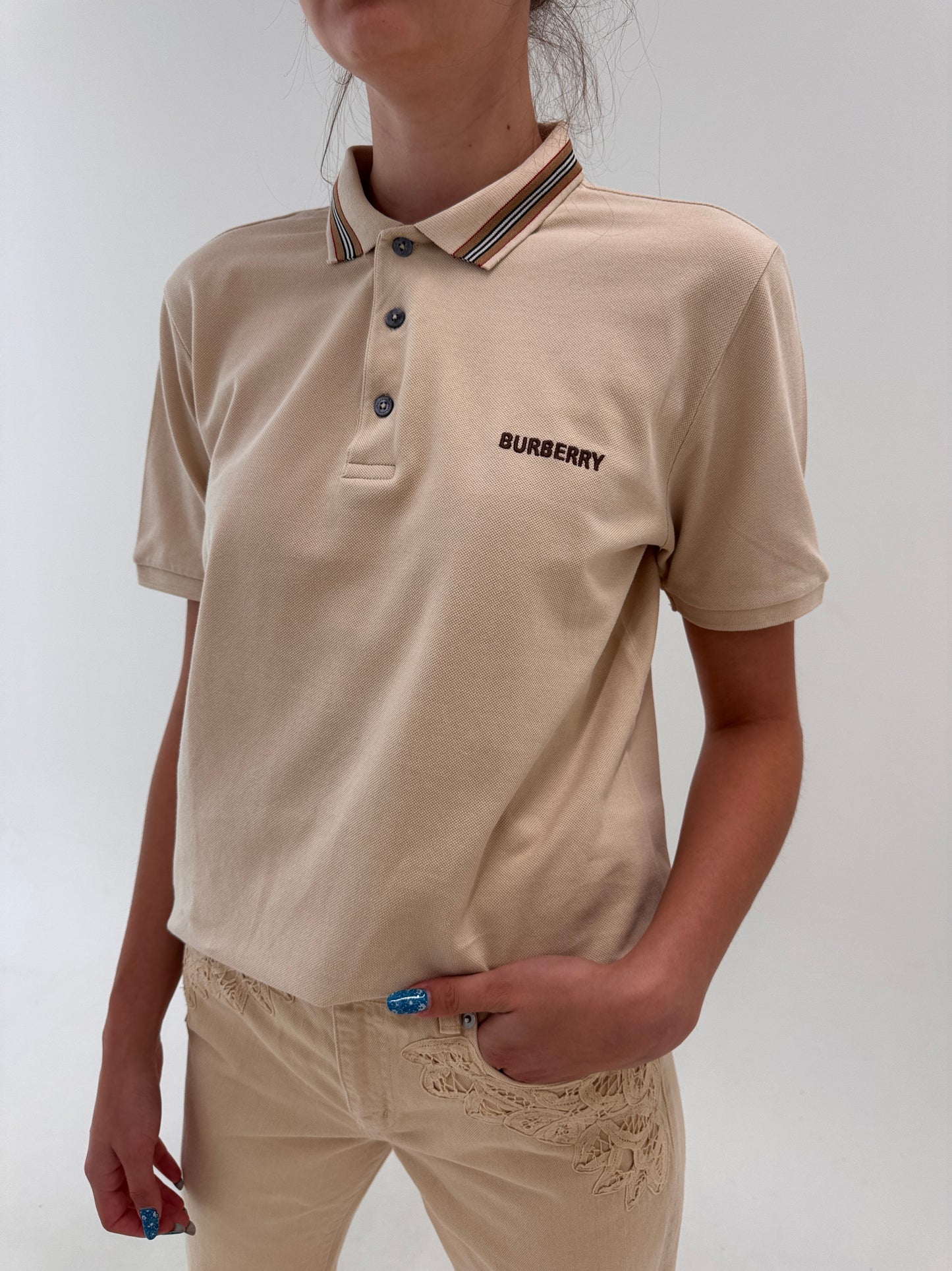Top Burberry polo camel din bumbac excepțional de gramaj mare