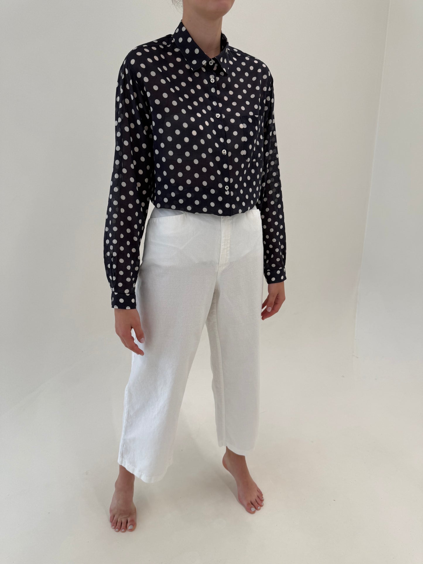 Pantaloni albi țigaretă cu talie înaltă din pânză excepțională de in și bumbac