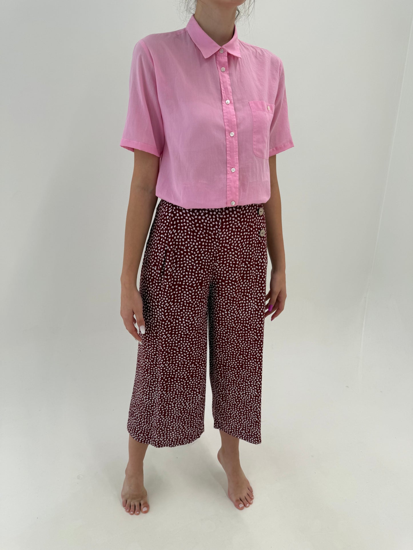 Pantaloni petite / culottes burgundy super vaporoși cu talie elastică