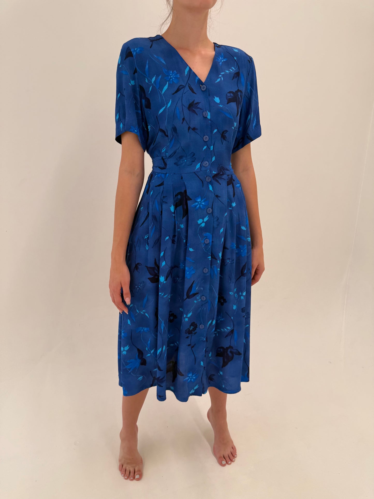 Rochie vintage maxi albastru regal cambrata cu buzunare și talie reglabilă la spate
