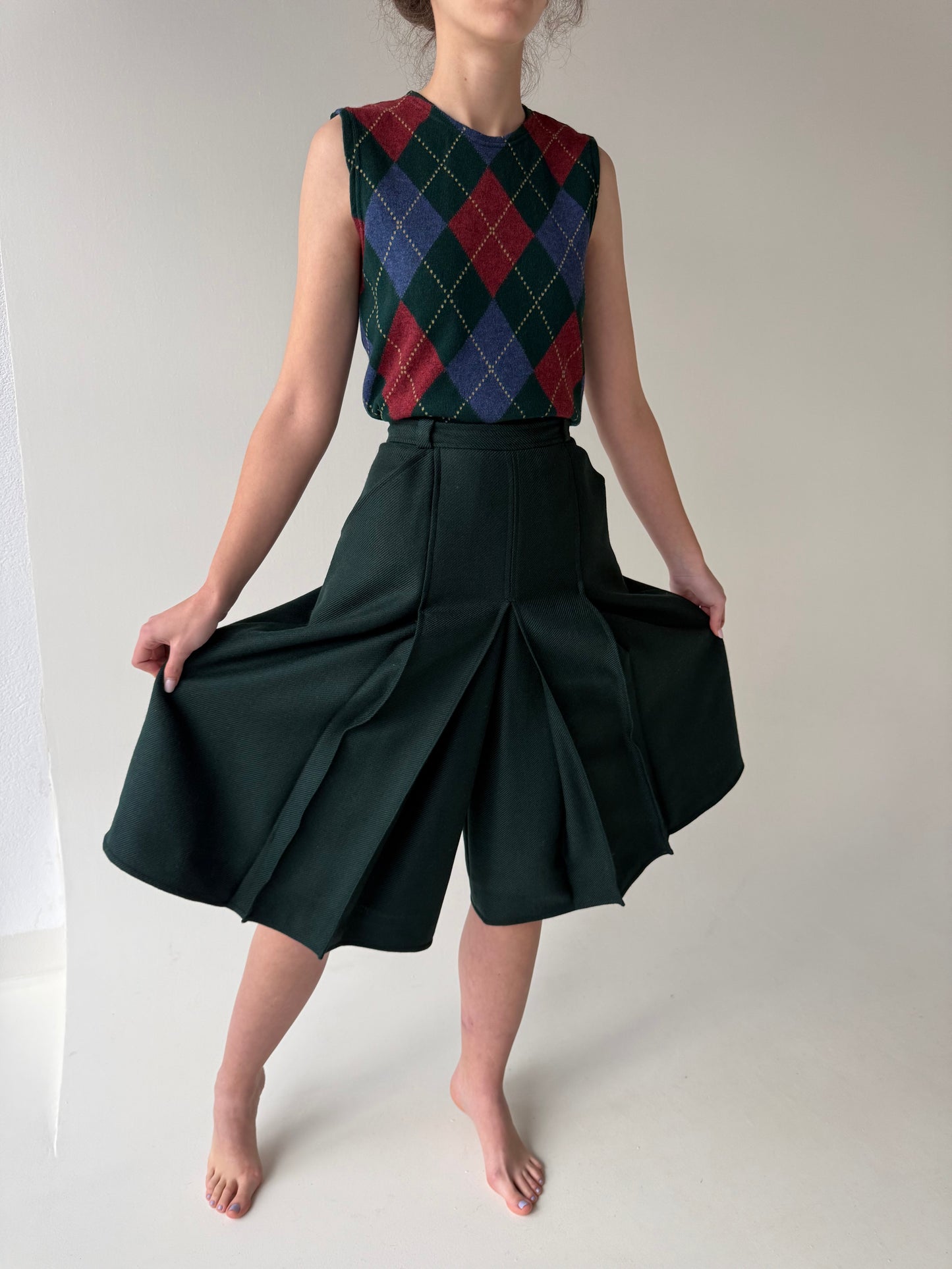 Fustă pantaloni dark green cu talie ultra înaltă din lana groasă extrafina