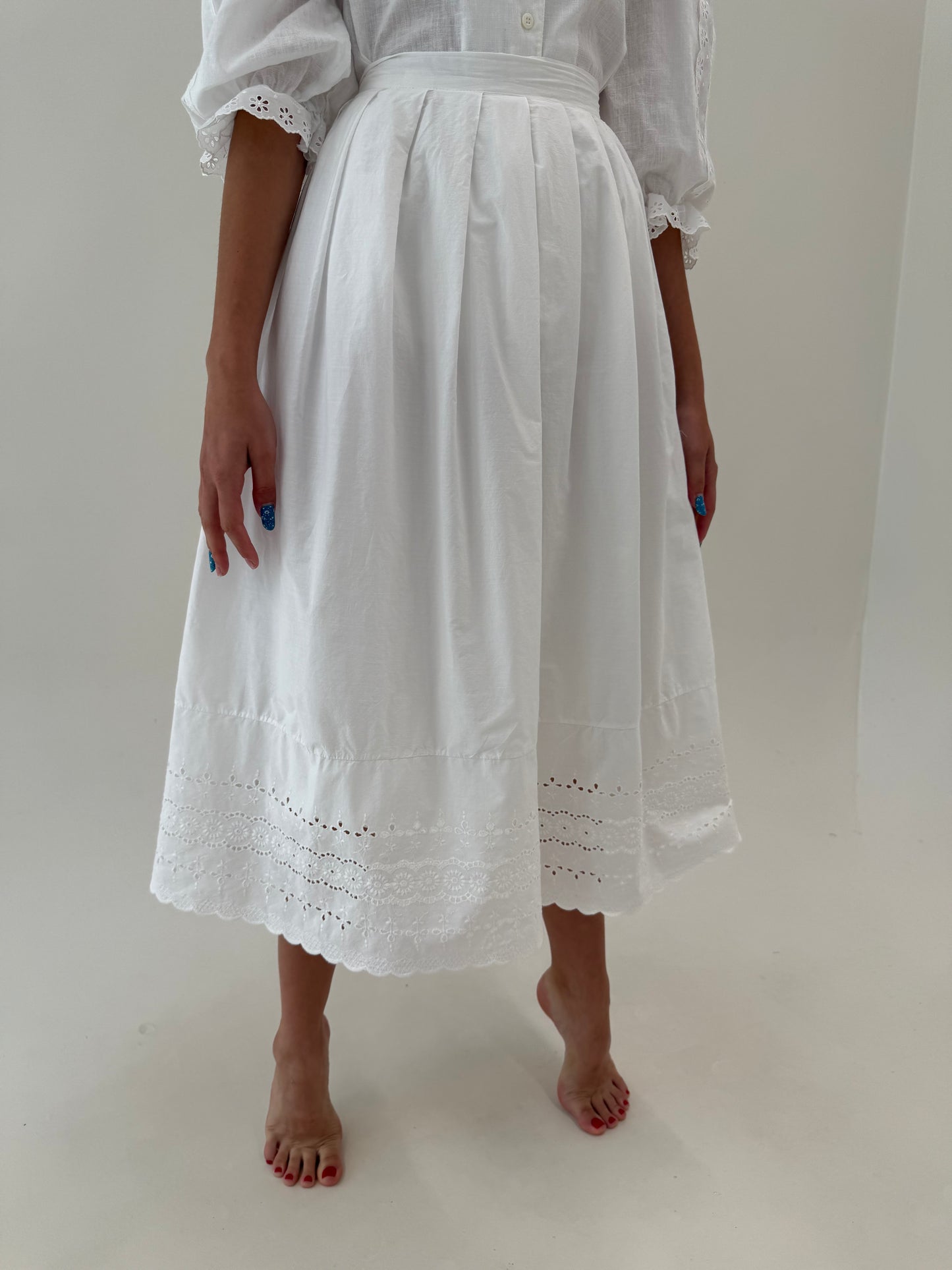Fustă vintage excepțională maxi din bumbac ultra amplă cu broderie anglaise