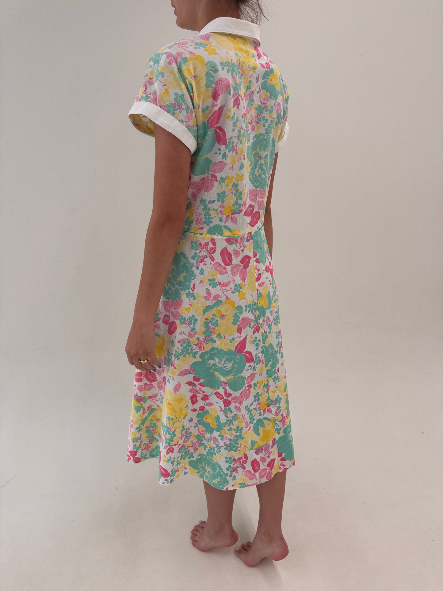 Fustă vintage din pânză de in cu print floral superb și buzunare spre maxi