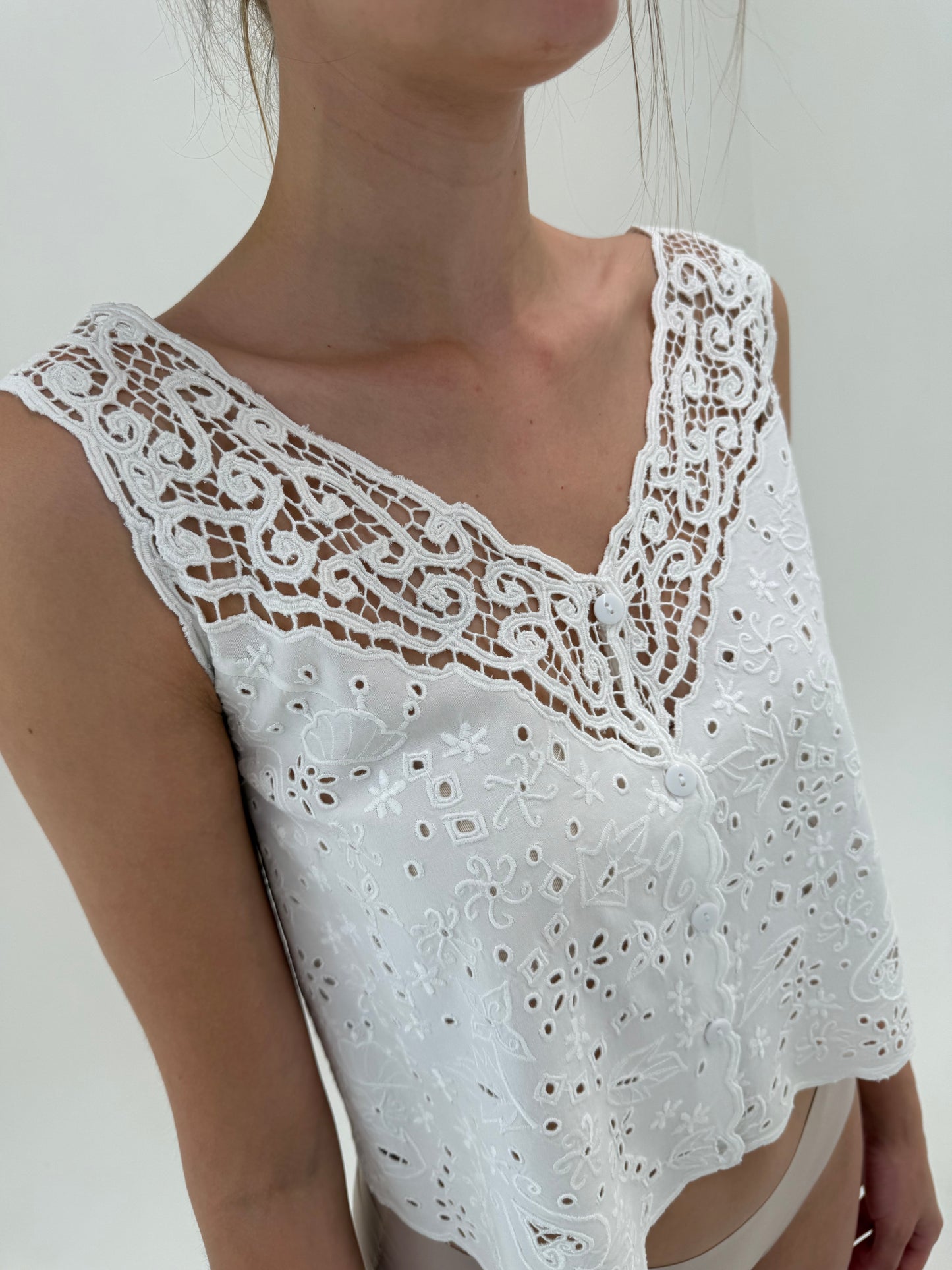Top vintage excepțional din macrame de bumbac și integral broderie anglaise