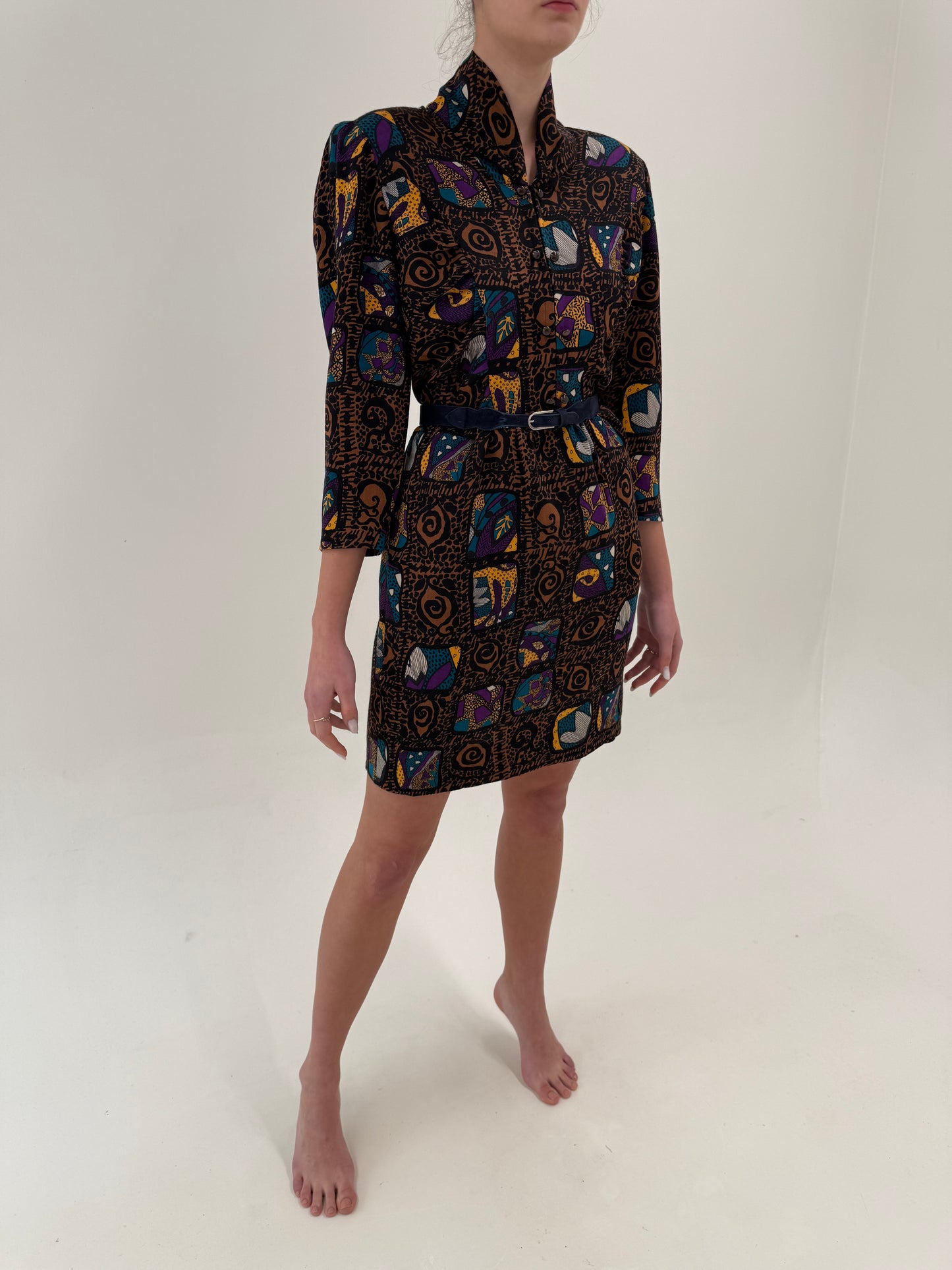 Rochie vintage cambrata cu fronseuri și print din lana extrafina subțire