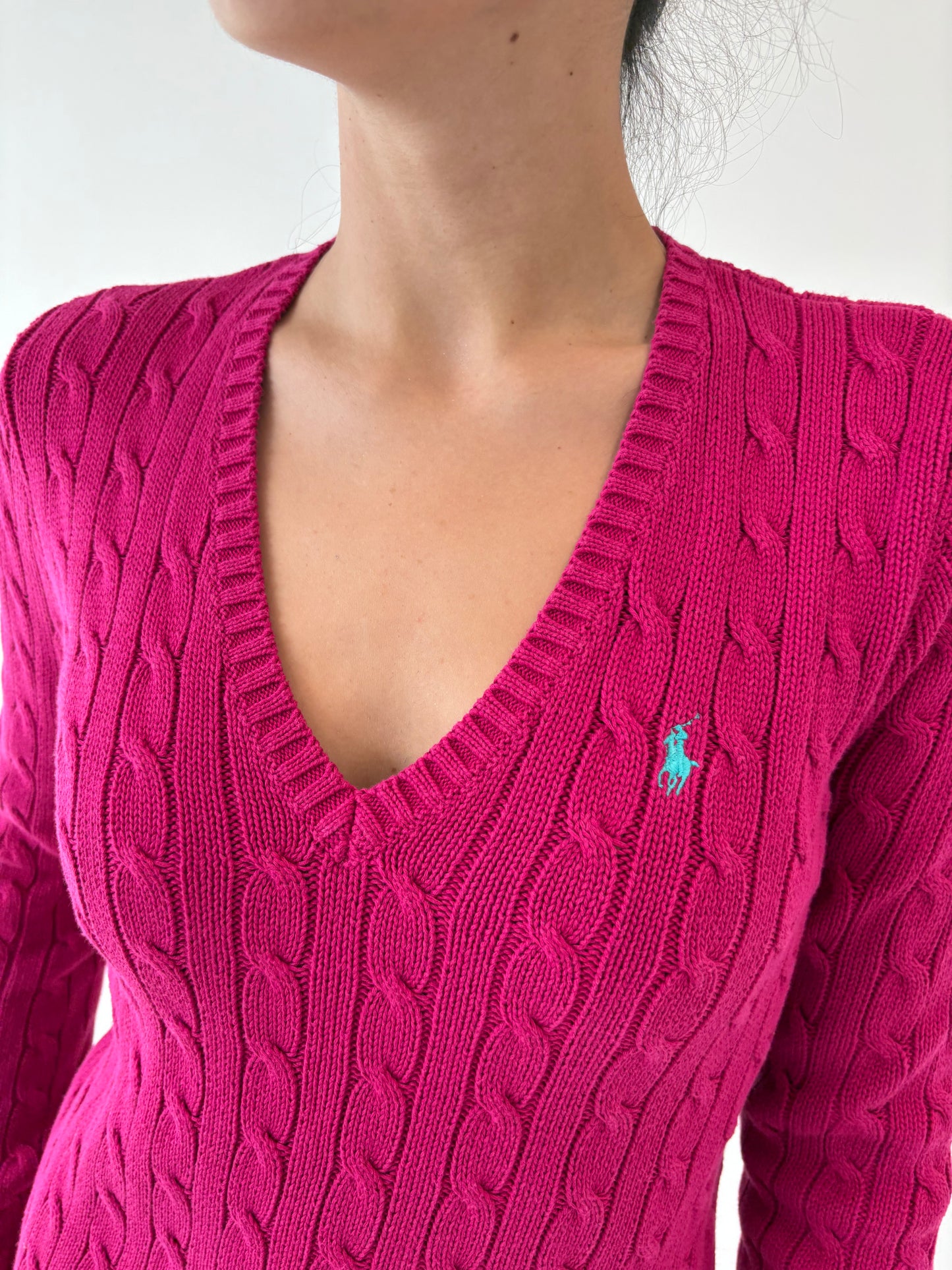 Pulover cu torsade fucsia Ralph Lauren din bumbac cu torsade