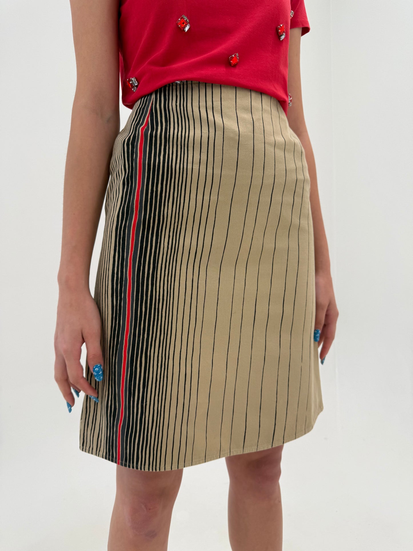 Fustă camel Max Mara din canvas de bumbac cu print în dungi extrem de chic