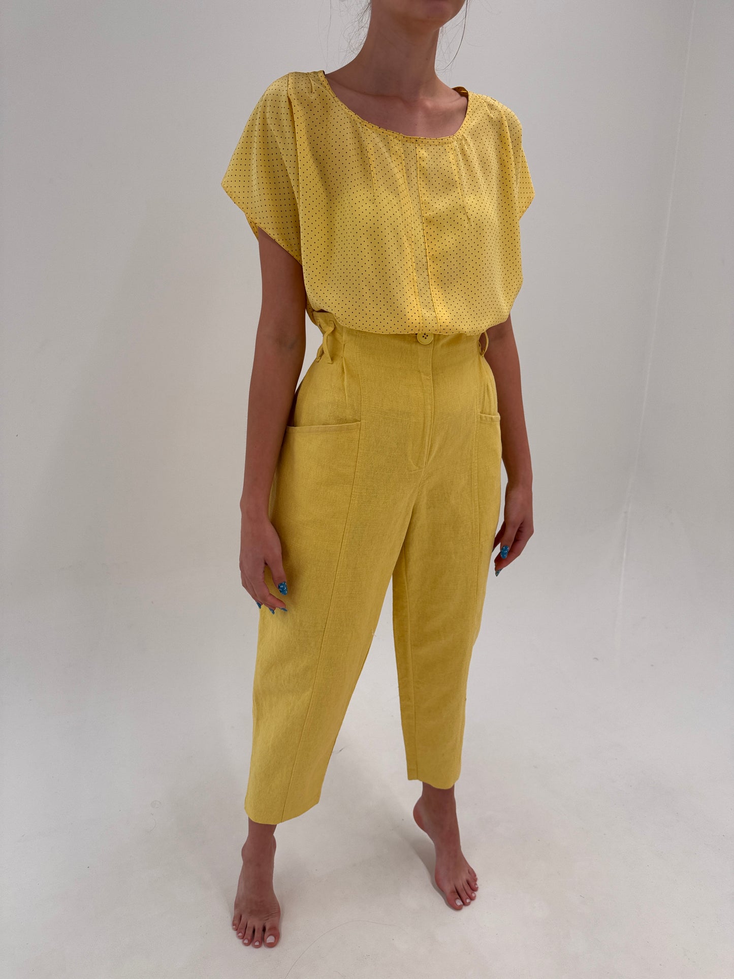 Pantaloni vintage din pânză excepțională de in și bumbac huttwr yellow