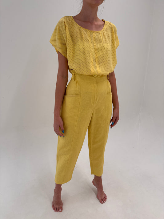 Pantaloni vintage din pânză excepțională de in și bumbac huttwr yellow